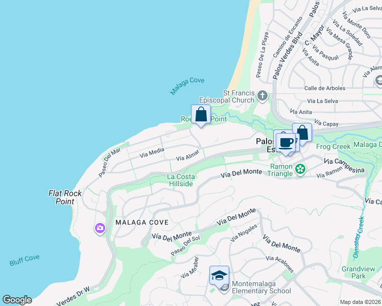 map of restaurants, bars, coffee shops, grocery stores, and more near 417 Vía Almar in Palos Verdes Estates