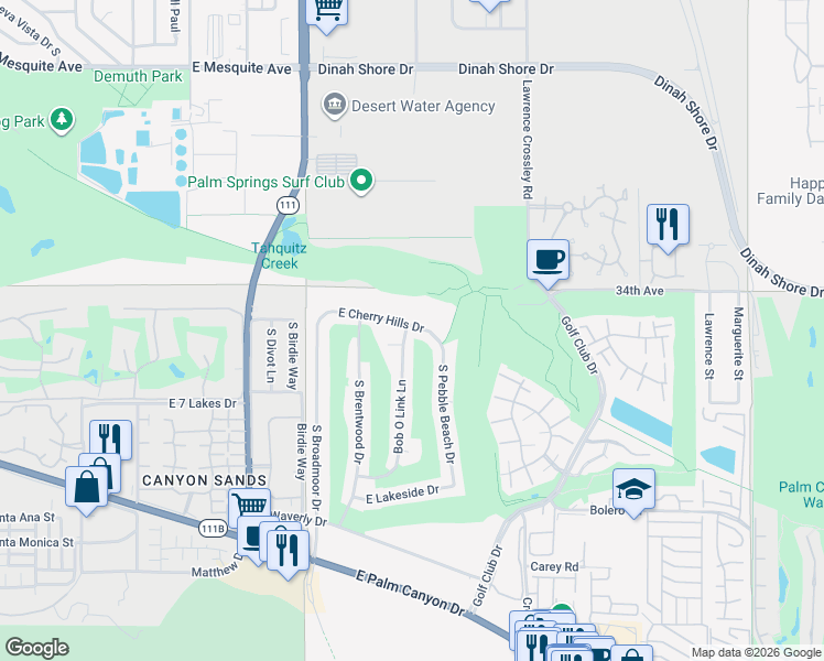 map of restaurants, bars, coffee shops, grocery stores, and more near 5289 East Cherry Hills Drive in Palm Springs
