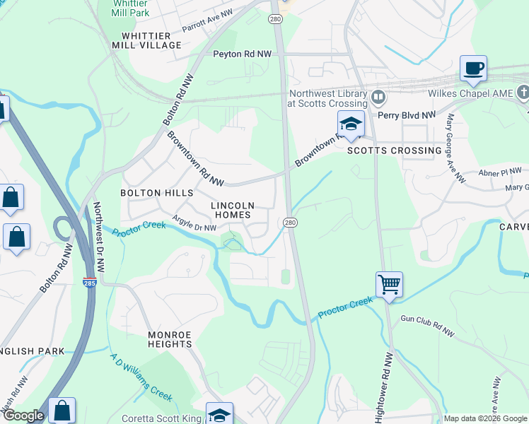 map of restaurants, bars, coffee shops, grocery stores, and more near 2720 Argyle Drive Northwest in Atlanta