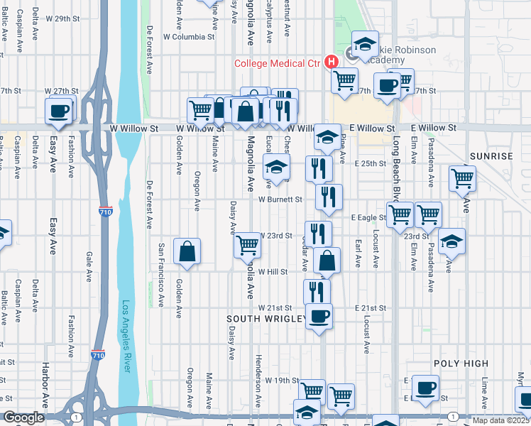 map of restaurants, bars, coffee shops, grocery stores, and more near 2359 Eucalyptus Avenue in Long Beach