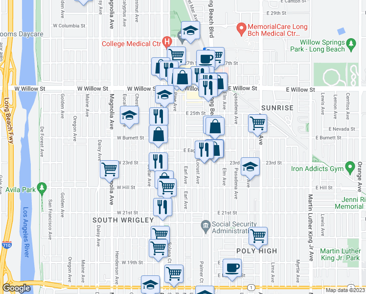 map of restaurants, bars, coffee shops, grocery stores, and more near 125 East Eagle Street in Long Beach