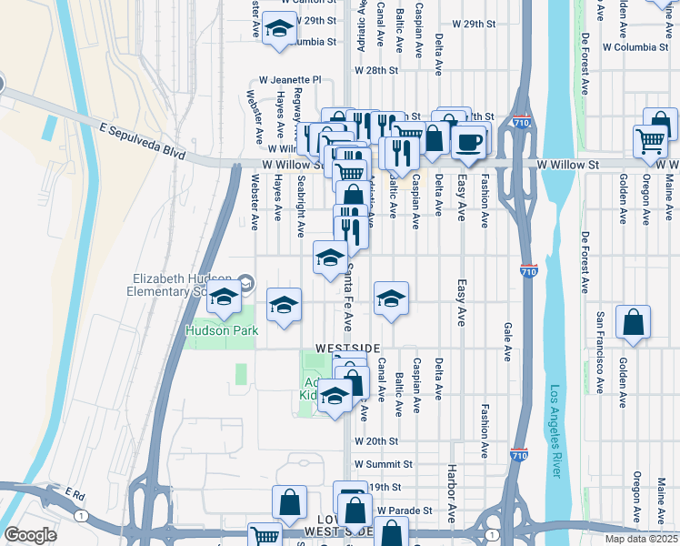 map of restaurants, bars, coffee shops, grocery stores, and more near 2320 Cota Avenue in Long Beach