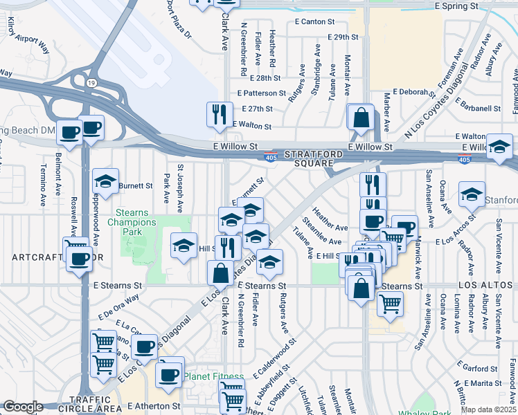 map of restaurants, bars, coffee shops, grocery stores, and more near 2376 Stanbridge Avenue in Long Beach
