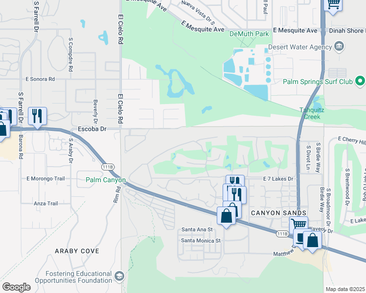 map of restaurants, bars, coffee shops, grocery stores, and more near 157 Desert Lakes Drive in Palm Springs