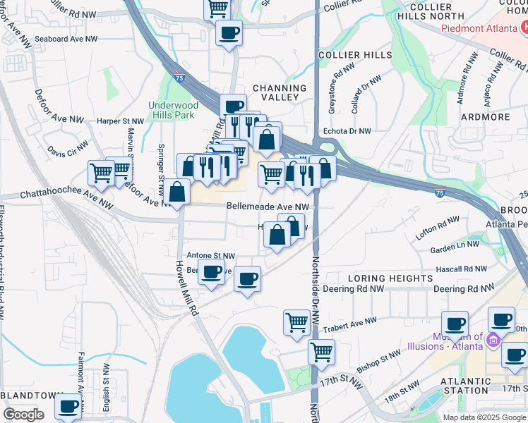 map of restaurants, bars, coffee shops, grocery stores, and more near 698 Bellemeade Avenue Northwest in Atlanta