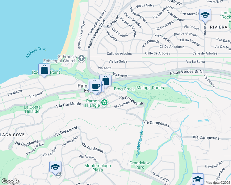 map of restaurants, bars, coffee shops, grocery stores, and more near 2571 Vía Campesina in Palos Verdes Estates