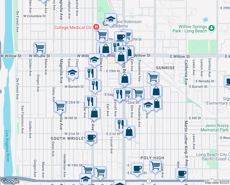 map of restaurants, bars, coffee shops, grocery stores, and more near 2 East Eagle Street in Long Beach