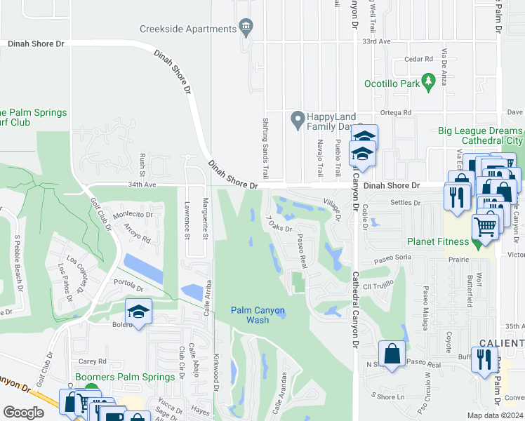map of restaurants, bars, coffee shops, grocery stores, and more near 68004 7 Oaks Drive in Cathedral City