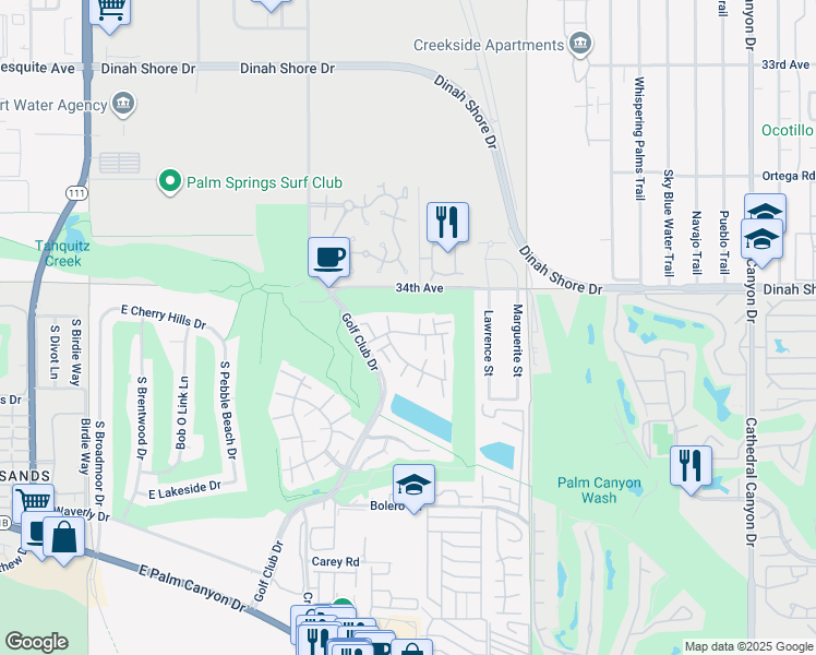 map of restaurants, bars, coffee shops, grocery stores, and more near 5951 Montecito Drive in Palm Springs