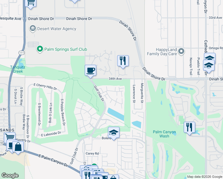 map of restaurants, bars, coffee shops, grocery stores, and more near 5951 Montecito Drive in Palm Springs