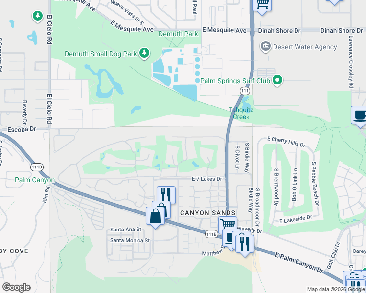 map of restaurants, bars, coffee shops, grocery stores, and more near 80 Lakeview Drive in Palm Springs