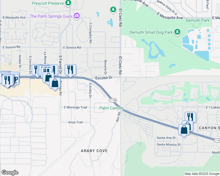 map of restaurants, bars, coffee shops, grocery stores, and more near 3055 Escoba Drive in Palm Springs