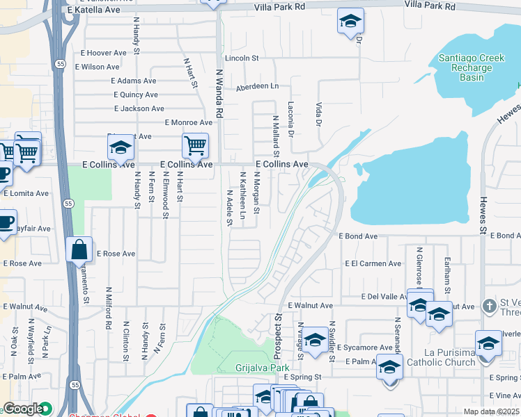 map of restaurants, bars, coffee shops, grocery stores, and more near 740 North Mallard Street in Orange