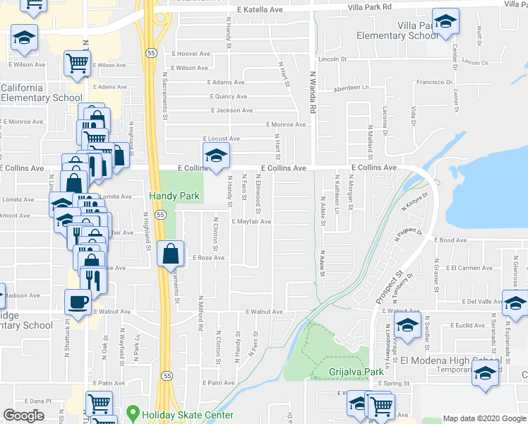 map of restaurants, bars, coffee shops, grocery stores, and more near 743 North Elmwood Street in Orange
