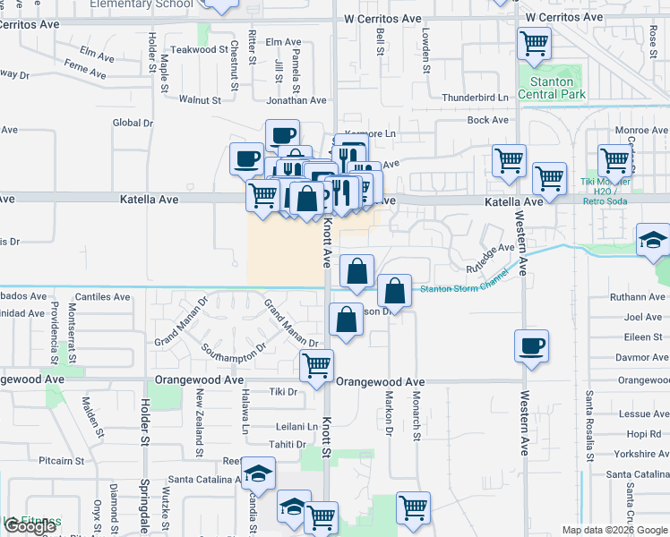 map of restaurants, bars, coffee shops, grocery stores, and more near 11232 South Knott Avenue in Stanton