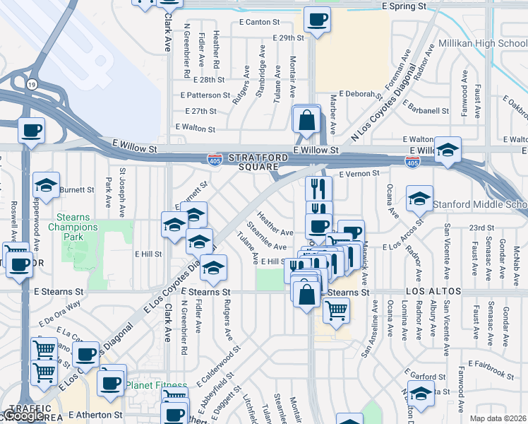 map of restaurants, bars, coffee shops, grocery stores, and more near 2332 Heather Avenue in Long Beach