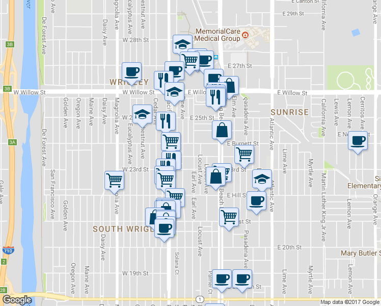 map of restaurants, bars, coffee shops, grocery stores, and more near 2322 Pine Avenue in Long Beach