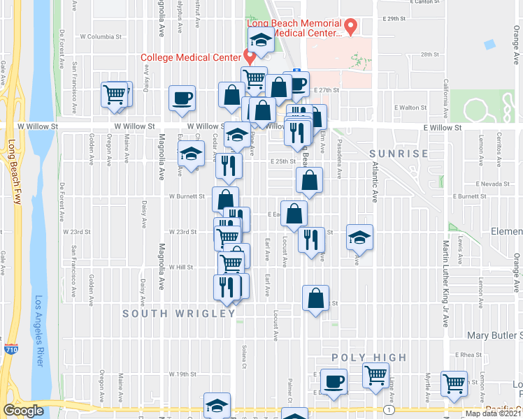 map of restaurants, bars, coffee shops, grocery stores, and more near 2322 Pine Avenue in Long Beach