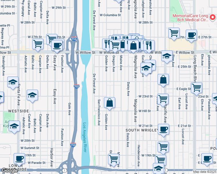 map of restaurants, bars, coffee shops, grocery stores, and more near 2335 Oregon Avenue in Long Beach