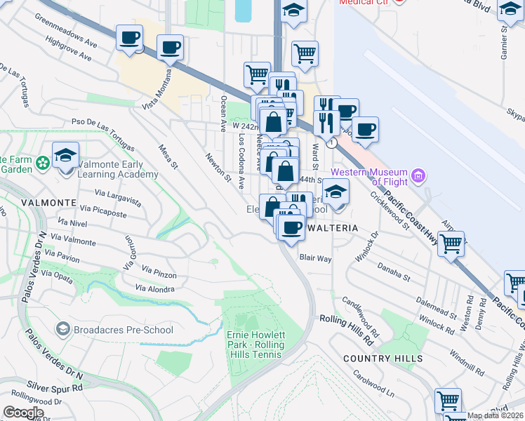 map of restaurants, bars, coffee shops, grocery stores, and more near 24467 Hawthorne Boulevard in Torrance