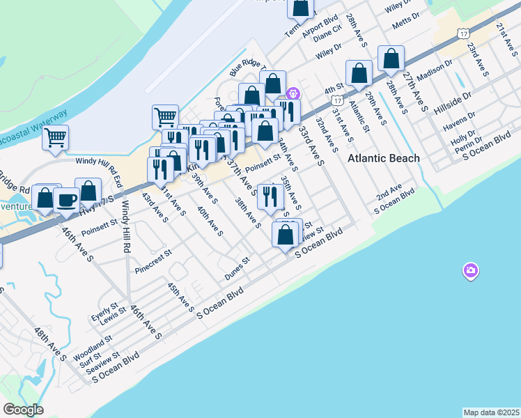 map of restaurants, bars, coffee shops, grocery stores, and more near 501 38th Avenue South in North Myrtle Beach