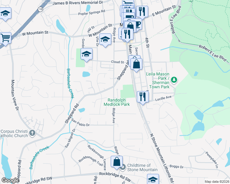 map of restaurants, bars, coffee shops, grocery stores, and more near 5364 Charity Way in Stone Mountain