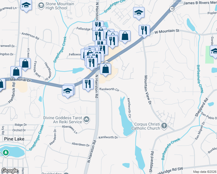 map of restaurants, bars, coffee shops, grocery stores, and more near 233 Kenilworth Circle in Stone Mountain