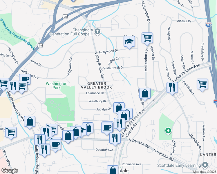 map of restaurants, bars, coffee shops, grocery stores, and more near 3157 Stonewyck Place in Decatur