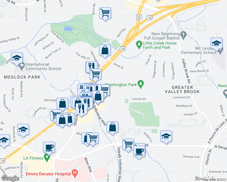 map of restaurants, bars, coffee shops, grocery stores, and more near 788 Jordan Lane in Decatur