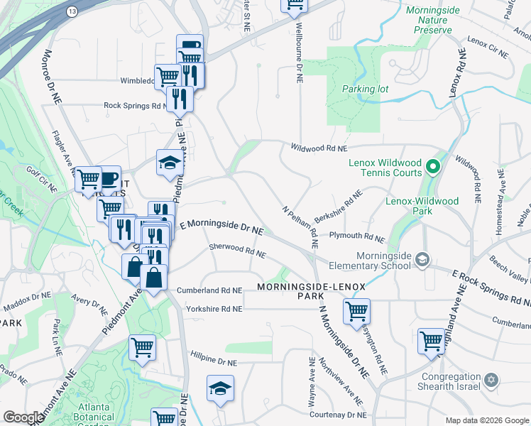 map of restaurants, bars, coffee shops, grocery stores, and more near 1663 North Rock Springs Road Northeast in Atlanta