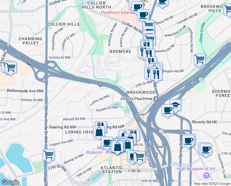 map of restaurants, bars, coffee shops, grocery stores, and more near 1642 Loring Drive Northwest in Atlanta