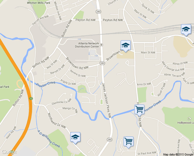 map of restaurants, bars, coffee shops, grocery stores, and more near 2720 Argyle Drive Northwest in Atlanta