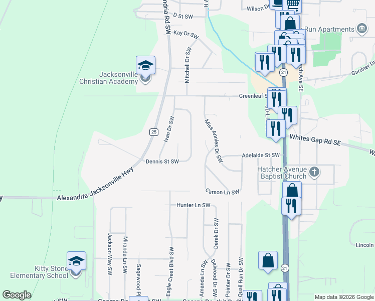 map of restaurants, bars, coffee shops, grocery stores, and more near 929 Dennis Street Southwest in Jacksonville