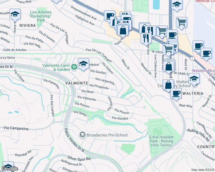 map of restaurants, bars, coffee shops, grocery stores, and more near 4112 Vía Picaposte in Palos Verdes Estates