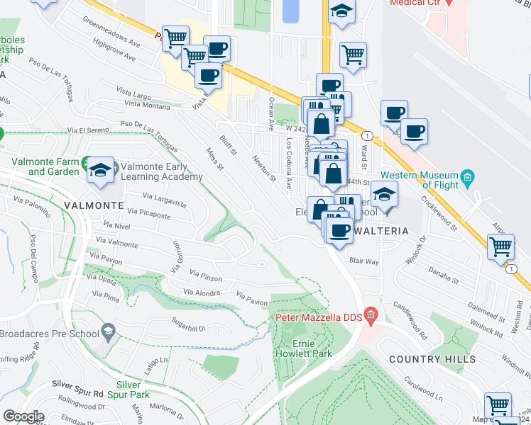 map of restaurants, bars, coffee shops, grocery stores, and more near 3855 Paseo De Las Tortugas in Torrance