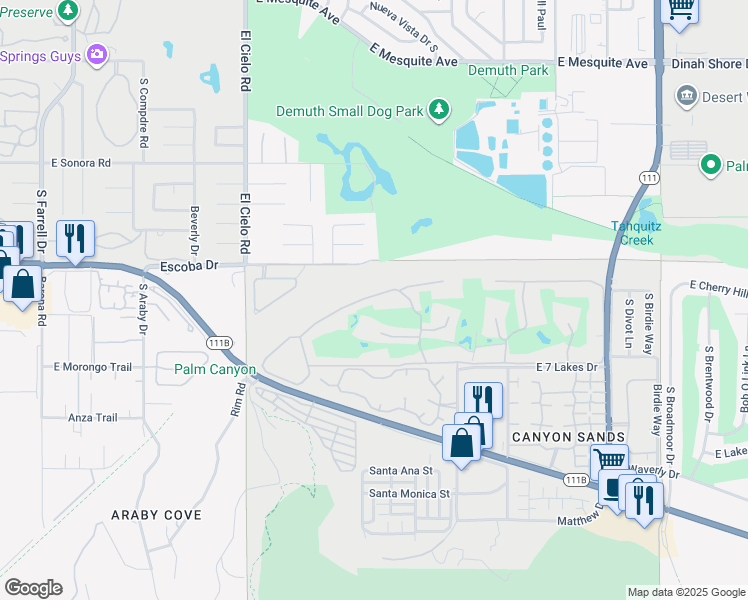 map of restaurants, bars, coffee shops, grocery stores, and more near 157 Desert Lakes Drive in Palm Springs