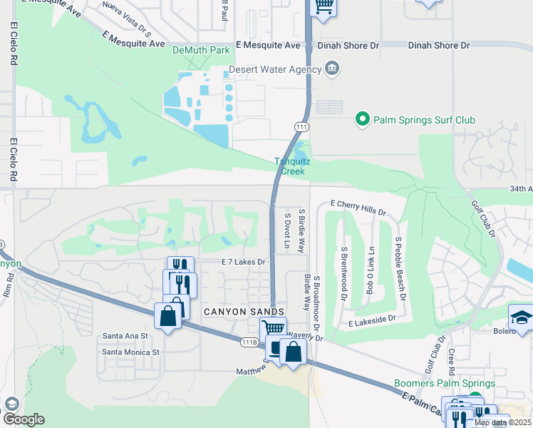 map of restaurants, bars, coffee shops, grocery stores, and more near 314 Desert Lakes Drive in Palm Springs