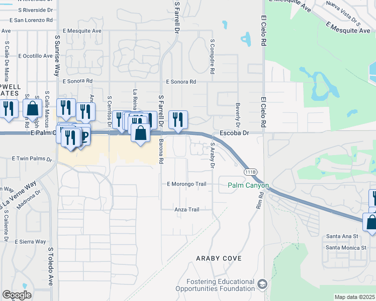 map of restaurants, bars, coffee shops, grocery stores, and more near 1793 Pintura Circle North in Palm Springs