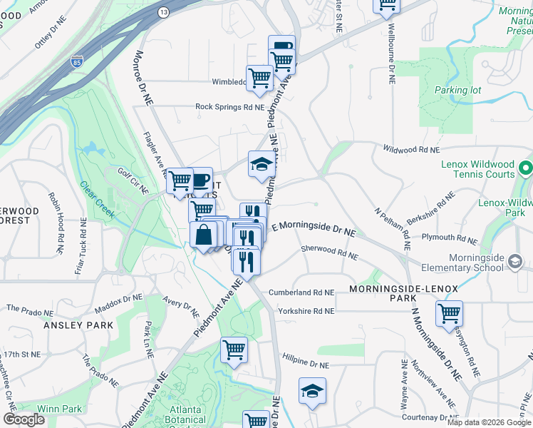 map of restaurants, bars, coffee shops, grocery stores, and more near 596 East Morningside Drive Northeast in Atlanta