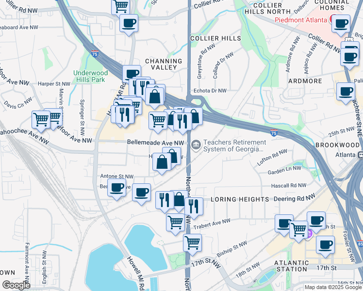 map of restaurants, bars, coffee shops, grocery stores, and more near 1634 Northside Drive Northwest in Atlanta