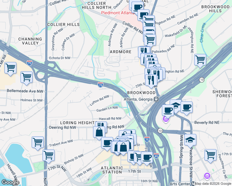 map of restaurants, bars, coffee shops, grocery stores, and more near 1642 Loring Drive Northwest in Atlanta