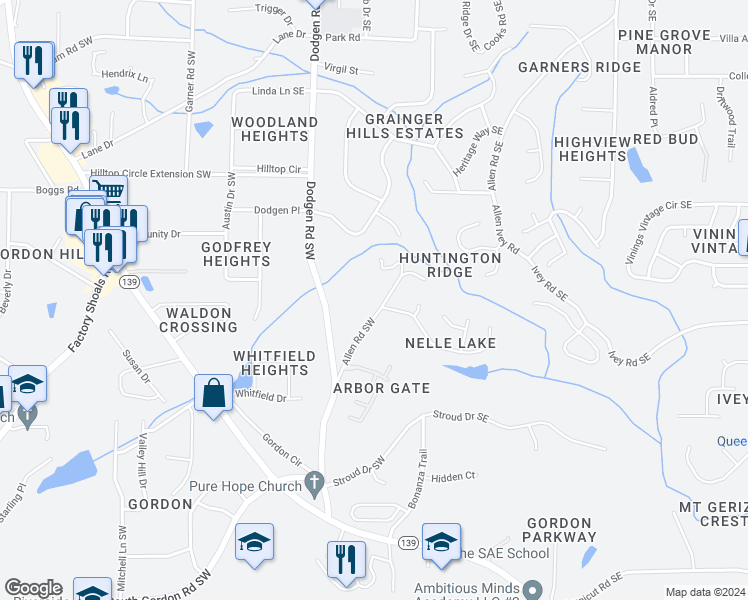 map of restaurants, bars, coffee shops, grocery stores, and more near 6320 Allen Road Southwest in Mableton