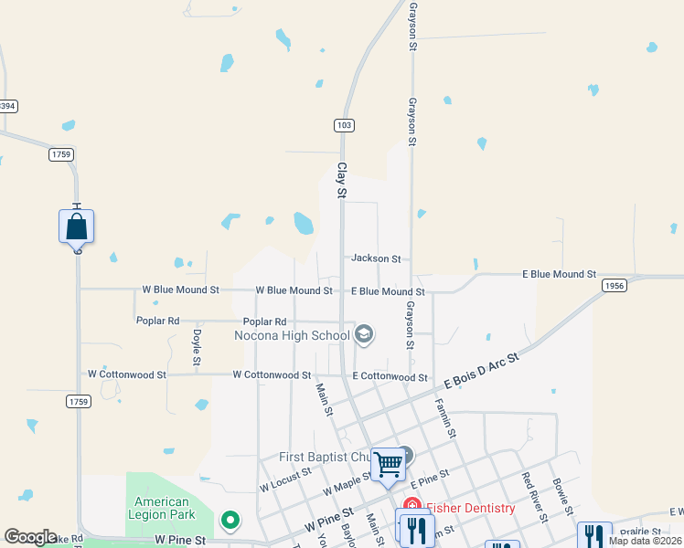 map of restaurants, bars, coffee shops, grocery stores, and more near 1222 Clay St in Nocona