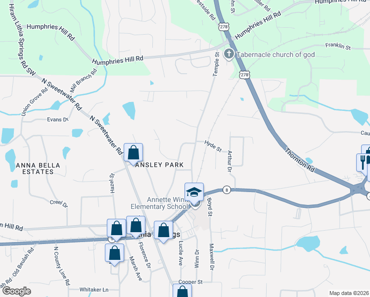 map of restaurants, bars, coffee shops, grocery stores, and more near 6385 Gordon Street in Lithia Springs