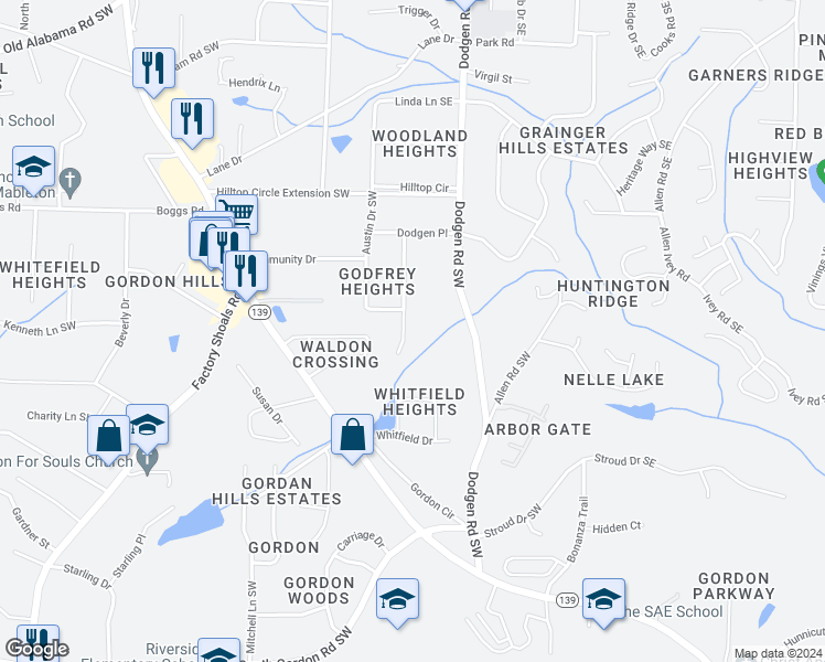 map of restaurants, bars, coffee shops, grocery stores, and more near 6307 Godfrey Drive Souhtwest in Mableton
