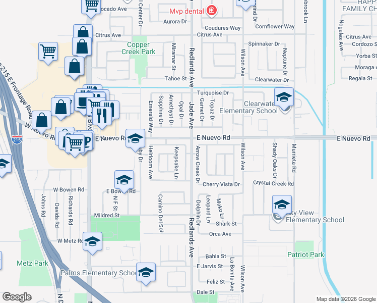 map of restaurants, bars, coffee shops, grocery stores, and more near 1545 Remembrance Drive in Perris