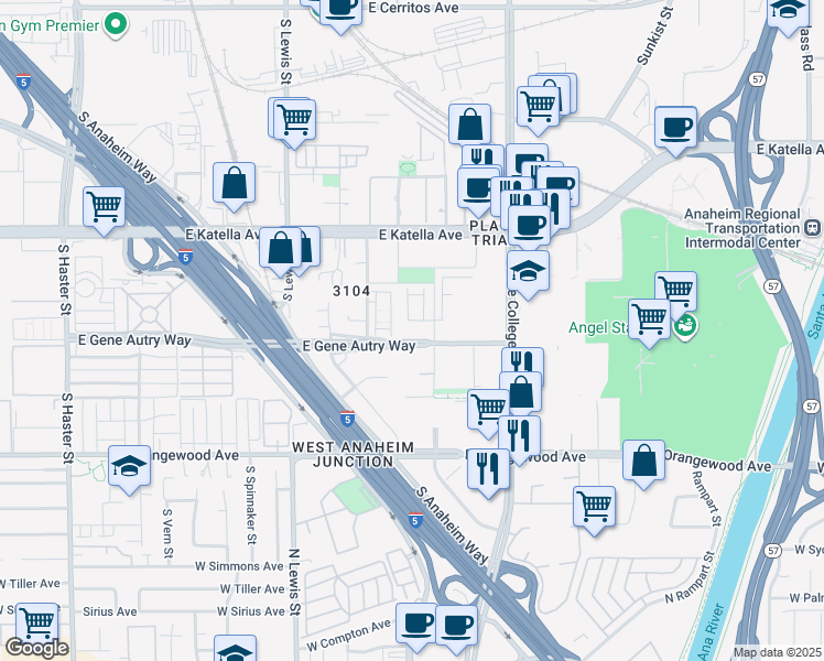 map of restaurants, bars, coffee shops, grocery stores, and more near 1893 Union Street in Anaheim