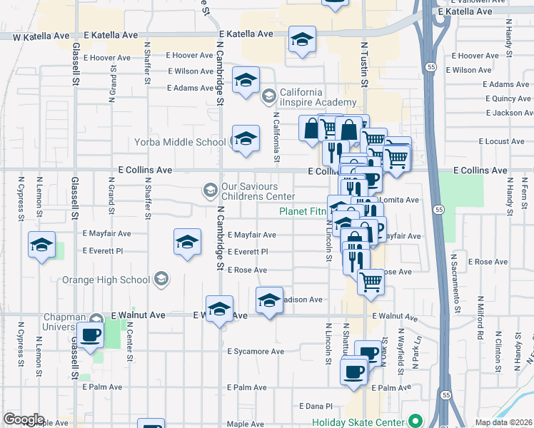 map of restaurants, bars, coffee shops, grocery stores, and more near 1125 East Mayfair Avenue in Orange