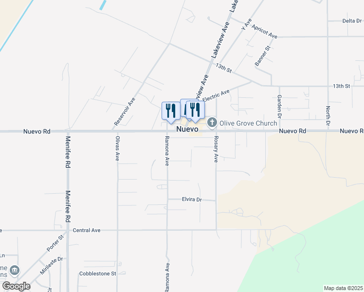 map of restaurants, bars, coffee shops, grocery stores, and more near Archibek Drive in Nuevo