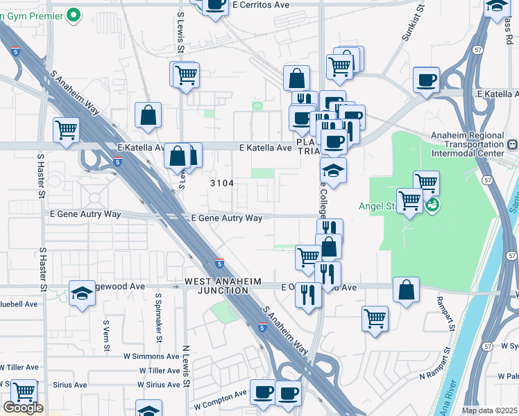 map of restaurants, bars, coffee shops, grocery stores, and more near 1893 Union Street in Anaheim